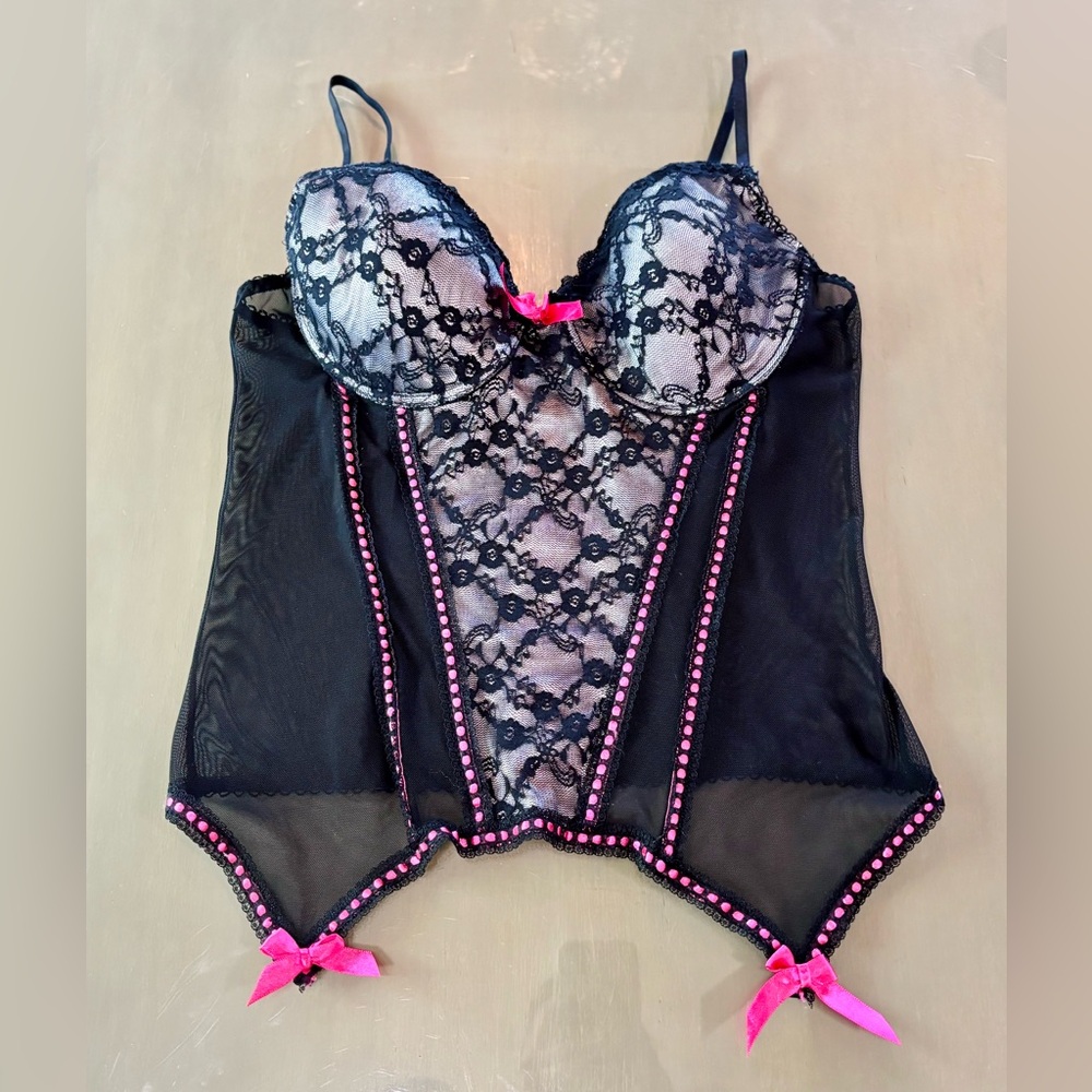 Black and Hot Pink Floral Lace Y2K Mesh Bustier Top